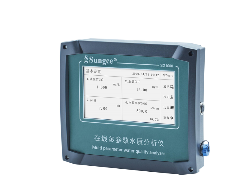 同屏顯示濁度和余氯和pH值和電導(dǎo)率（TDS）、觸摸屏操作、傳感器快插口